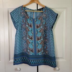 Ava Christine Women's Blue Floral Cap Sleeve Lightweight Top Blouse Size Med
